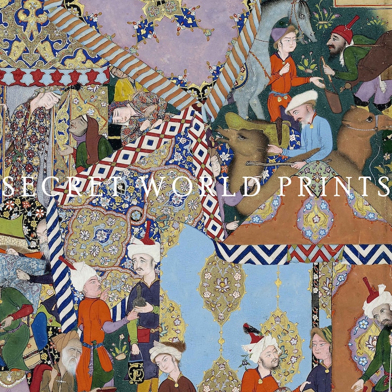 May include: A colorful Persian miniature painting depicting a scene with multiple figures, animals, and intricate patterns. The painting features a camel, a horse, and several people in traditional clothing. The background is filled with vibrant colors and geometric designs.