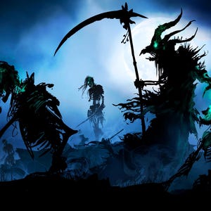 May include: A dark, shadowy image of skeletal figures with glowing green eyes. The figures are holding weapons and appear to be in a battle. The background is a dark blue sky with a full moon.