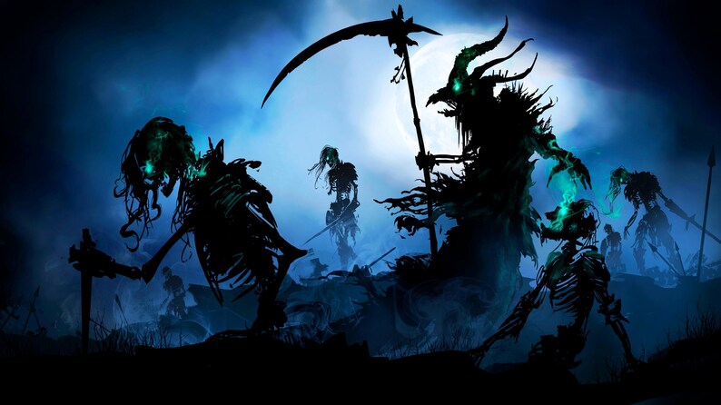 May include: A dark, shadowy image of skeletal figures with glowing green eyes. The figures are holding weapons and appear to be in a battle. The background is a dark blue sky with a full moon.