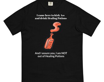 Healing Potions Kick Ass- Red Health Potion DnD Dice T-Shirt, Cute d20 Die Design, Short Sleeve Tee, Nerdy TTRPG Gift for Dungeon Masters