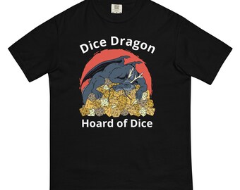 May include: Black t-shirt with a graphic of a dragon sleeping on a pile of dice. The text "Dice Dragon Hoard of Dice" is printed on the shirt.