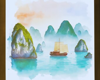 Unique Halong Bay Watercolor Art - Digital Print | Halong Wall Decor | Vietnam-themed Artwork