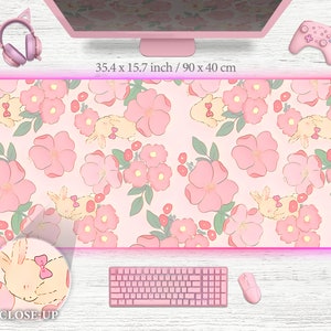 Cute Mousepad Kawaii Bunnies Desk Mat Pink Anime Floral Pattern Deskpad Cute Gaming Desk Mat Large xxl desk pad xl bunny pink flowers gamer