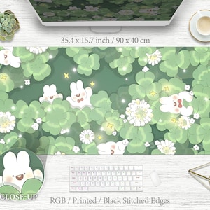 Kawaii Desk Mat Sage Green Leaves Large Mousepad Gaming XL Mouse Pad aesthetic cute deskpad, japanese landscape anime desk pad gamer deskmat