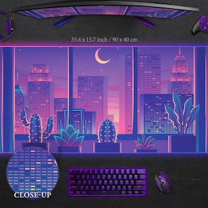 Purple Tokyo City Deskmat Japanese Street neon sky Mousepad extended gaming desk mat large xl xxl rgb lofi streets lo fi mouse pad vaporwave
