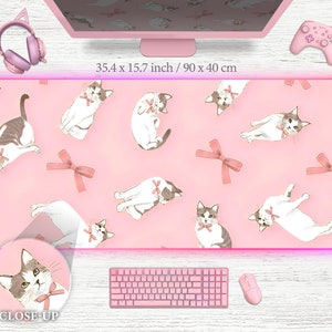 Słodka podkładka na biurko Kawaii Cats Różowa podkładka pod mysz Wzór kotka Estetyczna duża podkładka na biurko Anime Gaming Deskmat Kawai Cat, podpórka pod nadgarstek xxl podkładka pod mysz xl