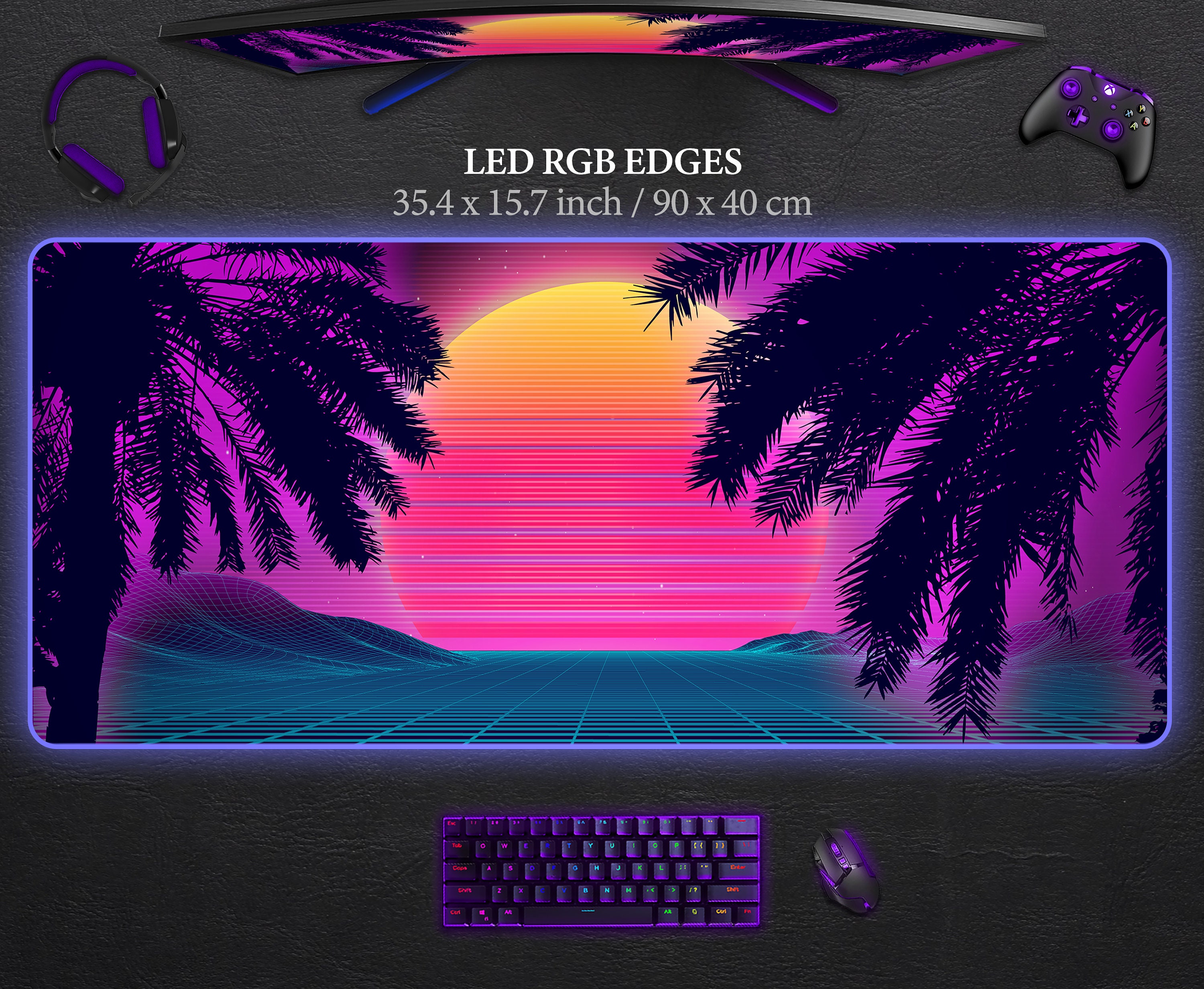 thumbnail image 2 of Retro Vaporwave Mouse Pad - Neon 80s Aesthetic Desk Mat - Synthwave... 2 of 14