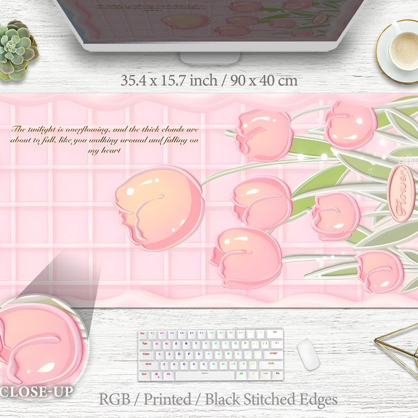 Cute Desk Mat Pink Tulips with quote Large Gaming Mousepad with wrist rest Kawaii Anime Deskmat Manga Flowers Deskpad Aesthetic Pastel Gamer