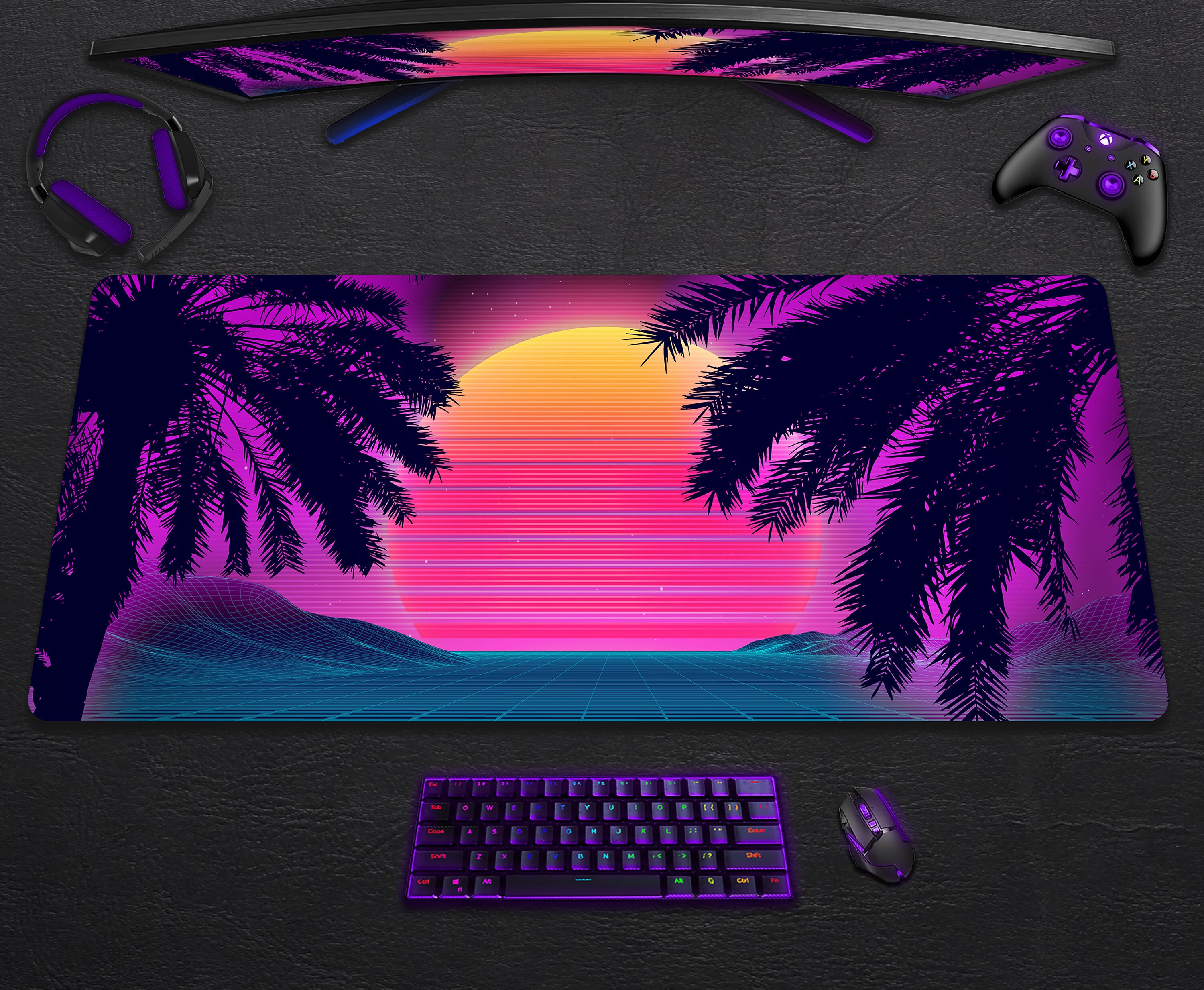 thumbnail image 2 of Retro Vaporwave Mouse Pad - Neon 80s Aesthetic Desk Mat - Synthwave... 2 of 14