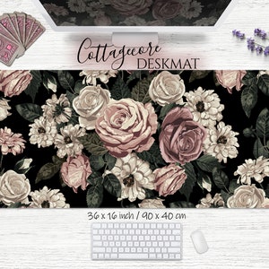 Cottagecore Deskmat Pink Roses xxl mousepad, cute pink flowers desk pad, pastel rose floral pattern desk mat rustic vintage xl deskpad