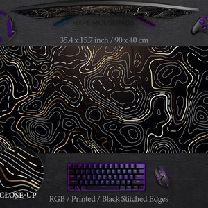 Topographic Deskmat - Gold Mouse Pad Black Topo Abstract Swirl Topography, Large Topographic Mousepad gaming deskpad gamer boy gift topo