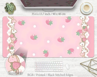 Strawberry Milk Pattern Deskmat Cute Kawaii Mousepad, Anime Aesthetics Deskpad, Pastel Pink Desk Mat sakura cherry blossom large xxl gaming