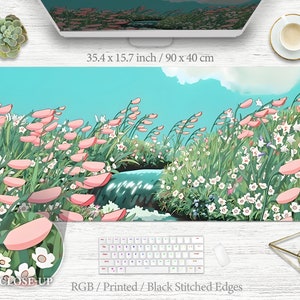 Japanese Flowers Deskmat Aesthetic Landscape Mousepad, Cute Pink Mouse Pad, anime large gaming desk mat, xxl xl big deskpad kawaii pink rgb
