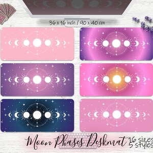 Moon Phases Deskmat Pink Cute Mousepad Witchy Stars Deskpad, witch blue xxl large desk mat zodiac occult wicca mouse pad xl, aesthetic sky