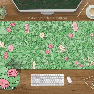 Cute Green Deskmat Floral Pattern Mousepad Sage Green Plants and Forest Leaves Desk Mat Large Gamer xxl Deskpad Plant Mouse Pad Kawaii Lofi