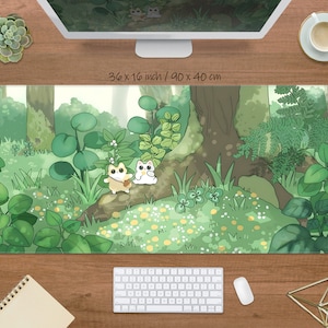Kawaii Cute Green Desk Mat Sage Green Plants Mousepad Lofi Deskmat Bunny Desk Pad Large Aesthetic LED XXL Mouse Pad Keyboard Wrist Rest Wood