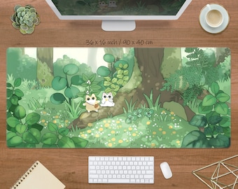 Kawaii Cute Green Desk Mat Sage Green Plants Mousepad Lofi Deskmat Bunny Desk Pad Large Aesthetic LED XXL Mouse Pad Keyboard Wrist Rest Wood