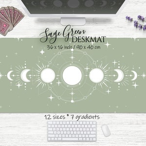 Sage Green Deskmat Cute Mousepad, witch moon phases desk mat witchy aesthetic green gradient wiccan, large xxl mouse pad, zodiac astrology