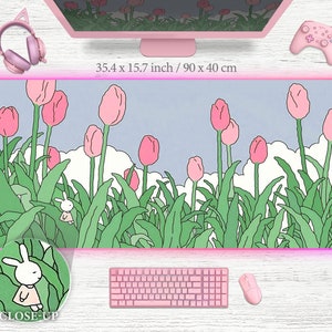 Cute Desk Mat Kawaii Mousepad, Sage green deskpad large gaming mouse pad, anime japanese deskmat, kawai landscape rgb led xxl xl gamer bunny