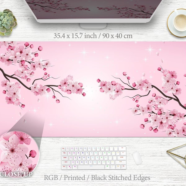 Cherry Blossom Mouse Pad RGB XXXL Cute Pink Japanese Mousepad Kawaii Floral Rgb XL Mousemat Desk Pad Pink Blossoms Deskmat Deskpad Led Decor