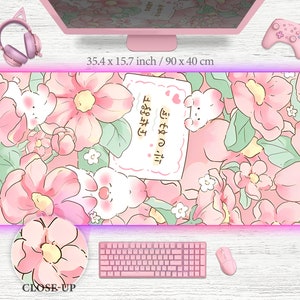 Roze schattige konijntje bureaumat kawaii bloemmotief muismat, roze kawai anime esthetische bloemen veld roze bloemenpatroon muismat xxl bureaumat