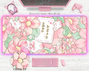 Pink Cute Bunny Deskmat Kawaii Floral Pattern Mousepad, pink kawai anime aesthetic flowers field pink flower pattern mouse pad xxl desk mat