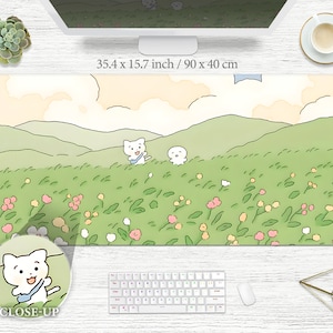 Green Nature Landscape Deskmat Cute Pink Flowers Pattern Mousepad Kawaii Aesthetic Pastel Floral Desk Mat Kawai Sage Plants xxl xl Gaming