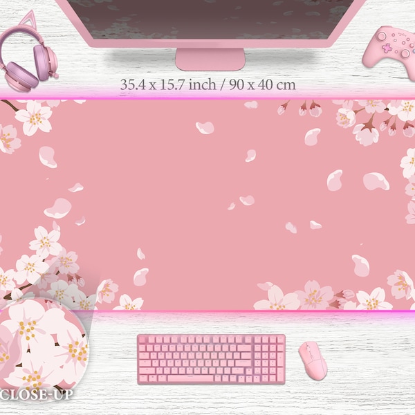 Cherry Blossom Deskmat Pink Kawaii Mousepad Large XXL XL Deskpad RGB Mouse Pad Cute Anime Pastel Desk Mat Gaming Accessory Floral Blossoms