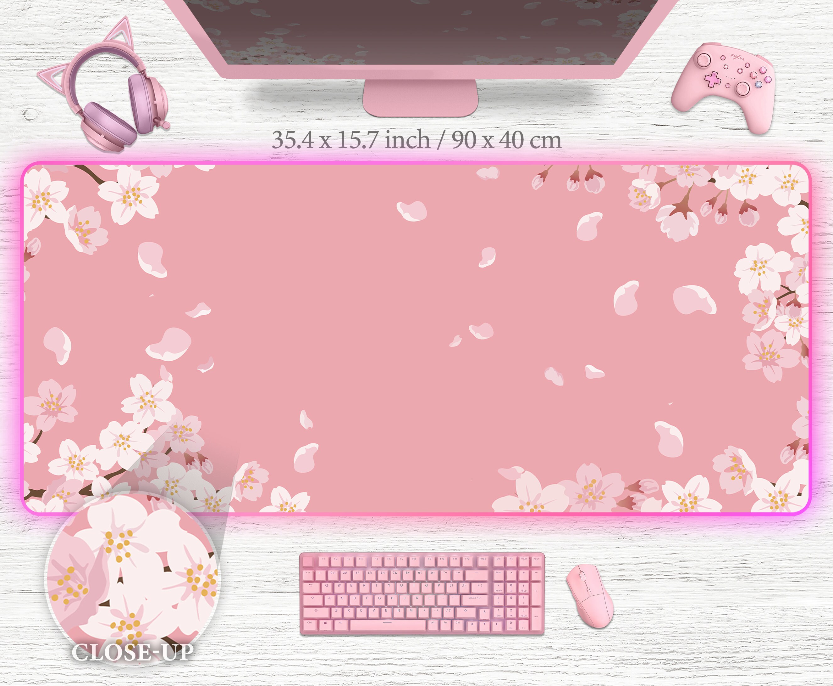 Cherry Blossom Deskmat Pink Kawaii Mousepad Large XXL XL Deskpad RGB Mouse Pad Cute Anime Pastel Desk Mat Gaming Accessory Floral Blossoms