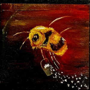 May include: A detailed painting of a bumblebee in flight, rendered with textured brushstrokes. The bee is yellow and black, carrying a small bucket with white specks trailing behind. The background transitions from dark brown to red.