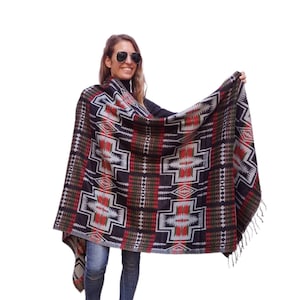 200x87 cm, Handloomed Himalayan Yak Woolen and Cotton Mix Shawl, very Warm and Durable, Black Colour & Tribal Design, Handmade in Nepal