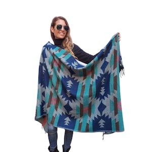 200x87 cm, Handloomed Himalayan Yak Woolen and Cotton Mix Shawl, very Warm and Durable, Blue Colour & Tribal Design, Handmade in Nepal