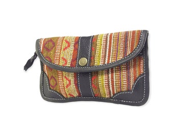 11x20 cm, Small Bag/Purse in Pure Leather and Gheri Cotton, 2 Pockets, 1 Zip, 1 Button, Handmade in Nepal by Local Women in a Fair-trade