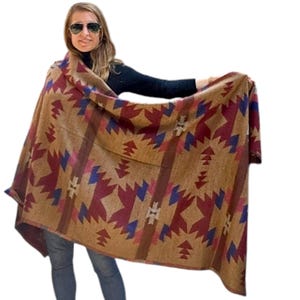 200x87 cm, Handloomed Himalayan Yak Woolen and Cotton Mix Shawl, very Warm and Durable, Beige Colour & Tribal Design, Handmade in Nepal