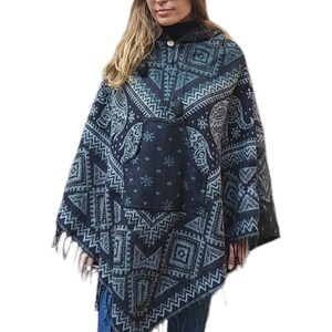 Poncho in misto lana e cotone di yak himalayano tessuto a mano, molto caldo e resistente, con cappuccio in pile, fatto a mano in Nepal