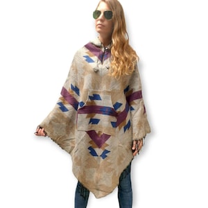 Handloomed himalayan yak woolen and cotton mix poncho, very warm and durable, with fleece on hoodie, beige colour, handmade in nepal.