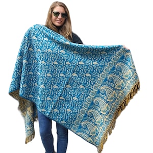 200x87 cm, Handloomed Himalayan Yak Woolen and Cotton Mix Shawl, very Warm and Durable, Flower Design, Sky Blue Color, Handmade in Nepal