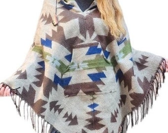 Handloomed Himalayan Yak Woolen and Cotton Mix Poncho, Very Warm and Durable, with Fleece on Hoodie, Handmade in Nepal