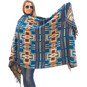 200x87 cm, Handloomed Himalayan Yak Woolen and Cotton Mix Shawl, very Warm and Durable, Sky Color & Tribal Design, Handmade in Nepal