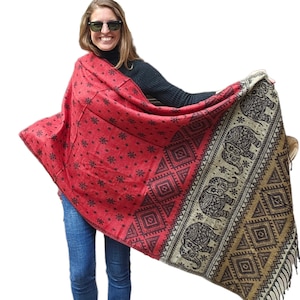 200x87 cm, Handloomed Himalayan Yak Woolen and Cotton Mix Shawl, very Warm and Durable, Elephant Design, Many Colors, Handmade in Nepal