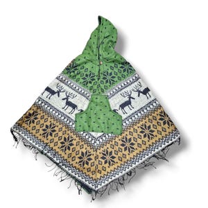 Handloomed Himalayan Yak Woolen and Cotton Mix Poncho, Warm and Durable, with Fleece on Hoodie, Reindeers Design, Handmade in Nepal