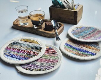 UPCYCLED COASTERS, Handmade with Recycled Fabrics by Local Women in a Fairtrade in Nepal, Sustainable & Ecological, Multicolor, 4 Pieces Set