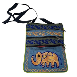 26 x 20 cm, handgemachte Schultertasche aus Baumwolle, handgewebt mit Elefanten-Design, 5 Reißverschluss und 5 Taschen, handgefertigt in einem Women FairTrade in Nepal