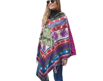 Handloomed Himalayan Yak Woolen and Cotton Mix Poncho, Very Warm and Durable, with Fleece on Hoodie, Handmade in Nepal