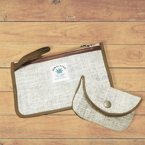 KOMBI-TASCHE + GELDBÖRSE- Kleine Tasche und Geldbörse, 100% reiner Himalaya-Hanf und Leder, handgefertigt von einheimischen Frauen in einem fairen Handel in Nepal, 2-teilig