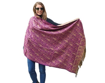 200x87 cm, Handloomed Himalayan Yak Woolen and Cotton Mix Shawl, very Warm and Durable, Flower Design, Pink Color, Handmade in Nepal