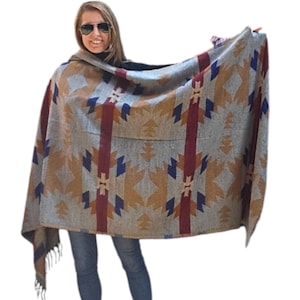 200x87 cm, Handloomed Himalayan Yak Woolen and Cotton Mix Shawl, very Warm and Durable, Beige Colour & Tribal Design, Handmade in Nepal