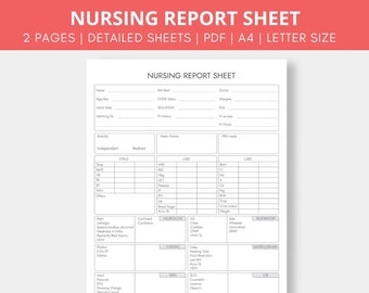 May include: A printable nursing report sheet with sections for vital signs, labs, neurology, respiratory, cardiac, gastrointestinal, skin, and notes. The sheet is designed for use by nurses to document patient care.