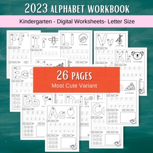 Pode incluir: Um conjunto de 26 folhas de trabalho do alfabeto para o jardim de infância. Cada página apresenta uma letra do alfabeto, uma imagem de um objeto que começa com essa letra e linhas para traçar a letra. As folhas de trabalho são projetadas para ajudar as crianças a aprender o alfabeto e melhorar sua escrita.