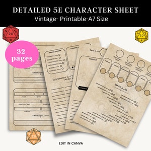 Diário de personagem DnD imprimível, ficha de personagem 5e, ficha de personagem Dnd, presente de jogador Dnd, cartões de feitiço Dnd, tamanho A7